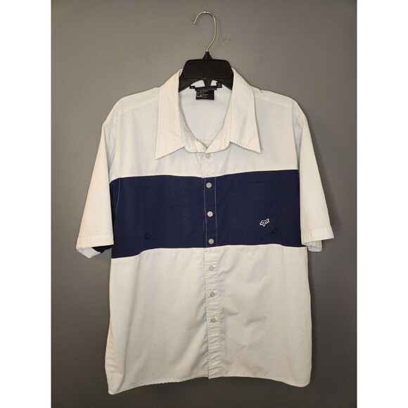 Fox Racing Shirt Men's L White Blue Short Sleeve Button Up Pocket Logo - Picture 2 of 10